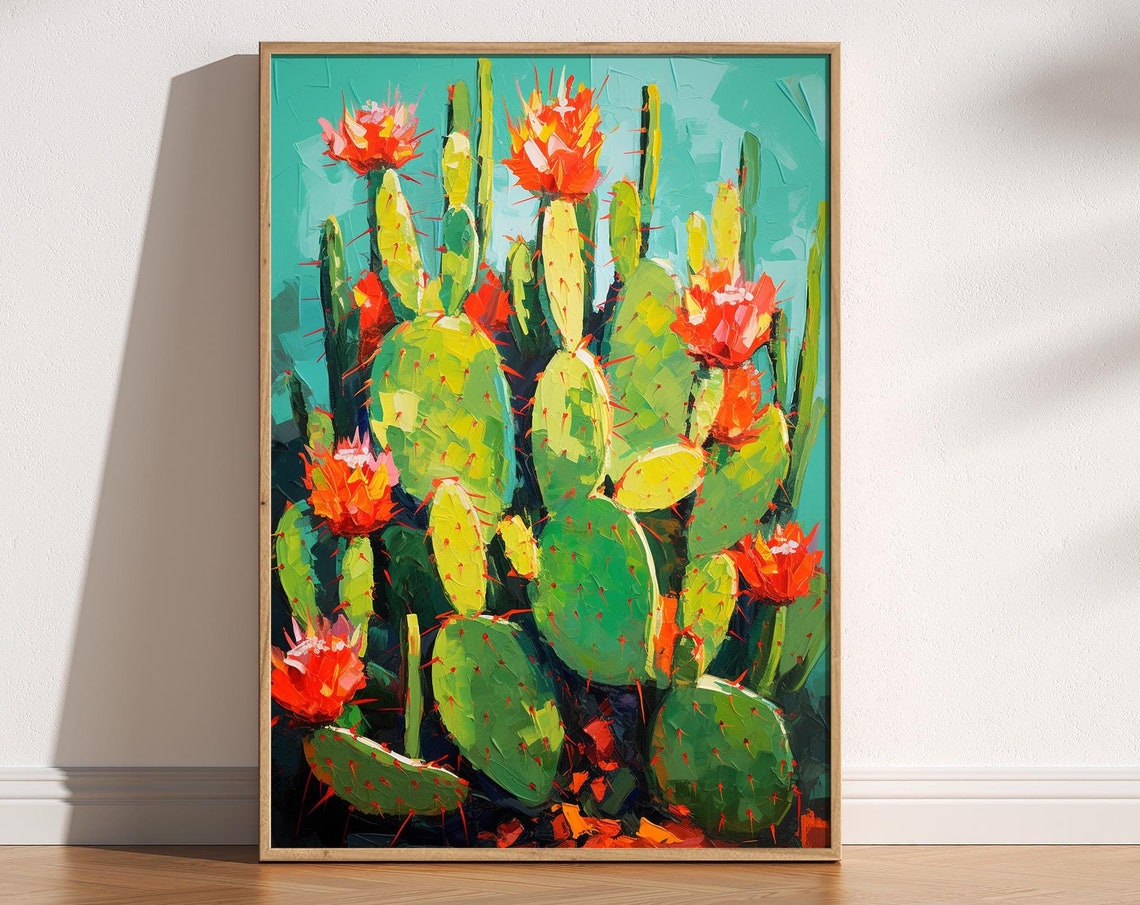 Blooming Cactus Southwestern Desert Prickly Pear Painting Poster