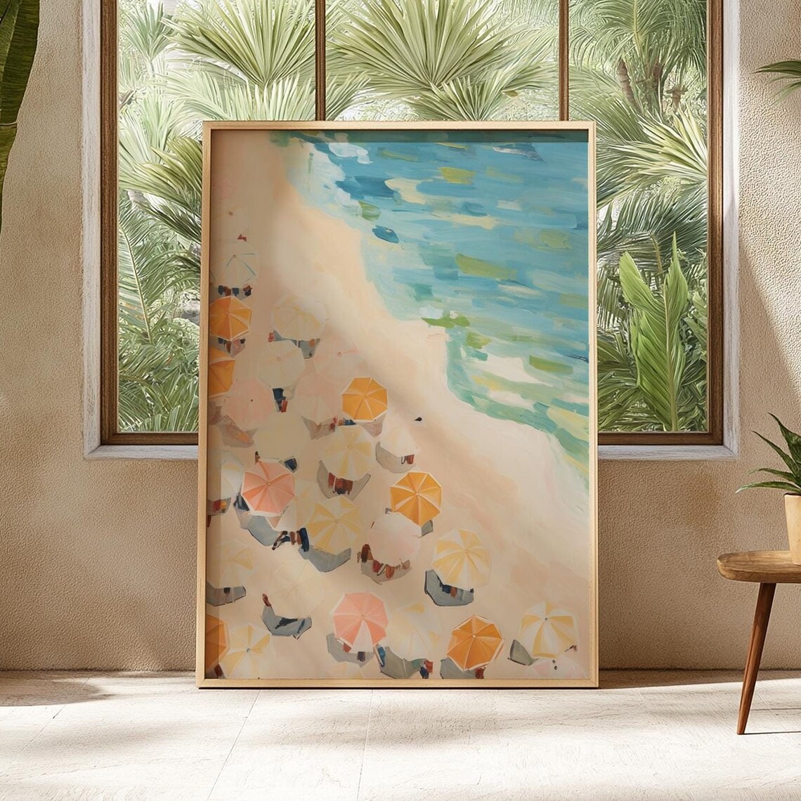Aerial Beach View Colorful Umbrellas Pastel Shore Sand Sea Poster
