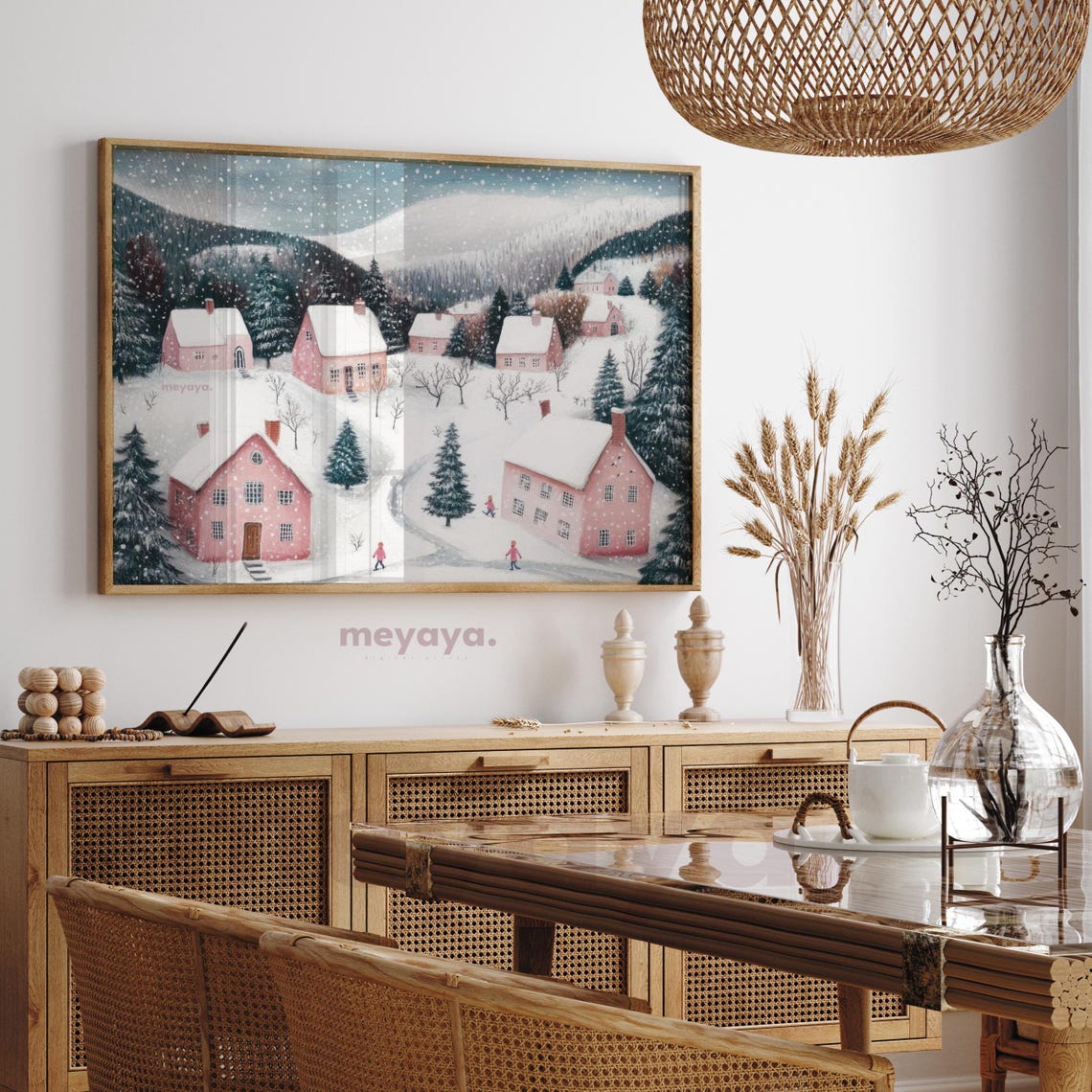 Pink Christmas Village Painting Pastel Village Print Vintage Christmas Town Pink Winter Wall Art Holiday Poster Trendy Christmas Decor - Image 3