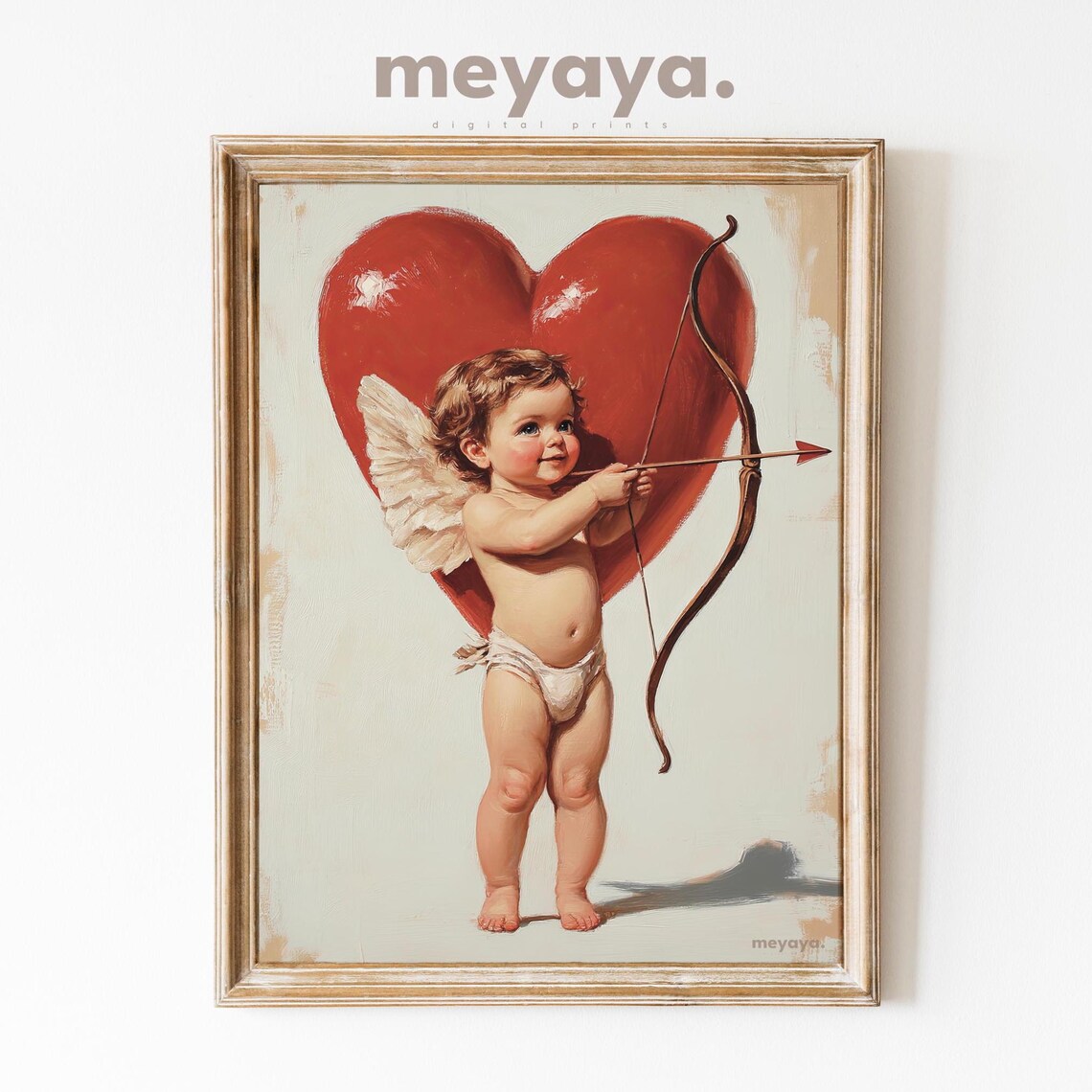 Cupid Baby Archer Red Heart Vintage Romantic Painting Wall Print