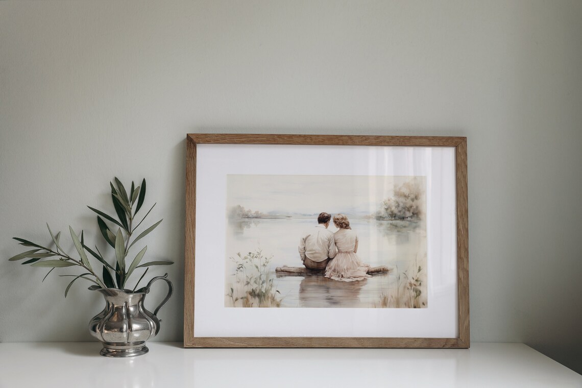Romantic Couple Sitting At The Lake, Vintage Art Print - Image 3
