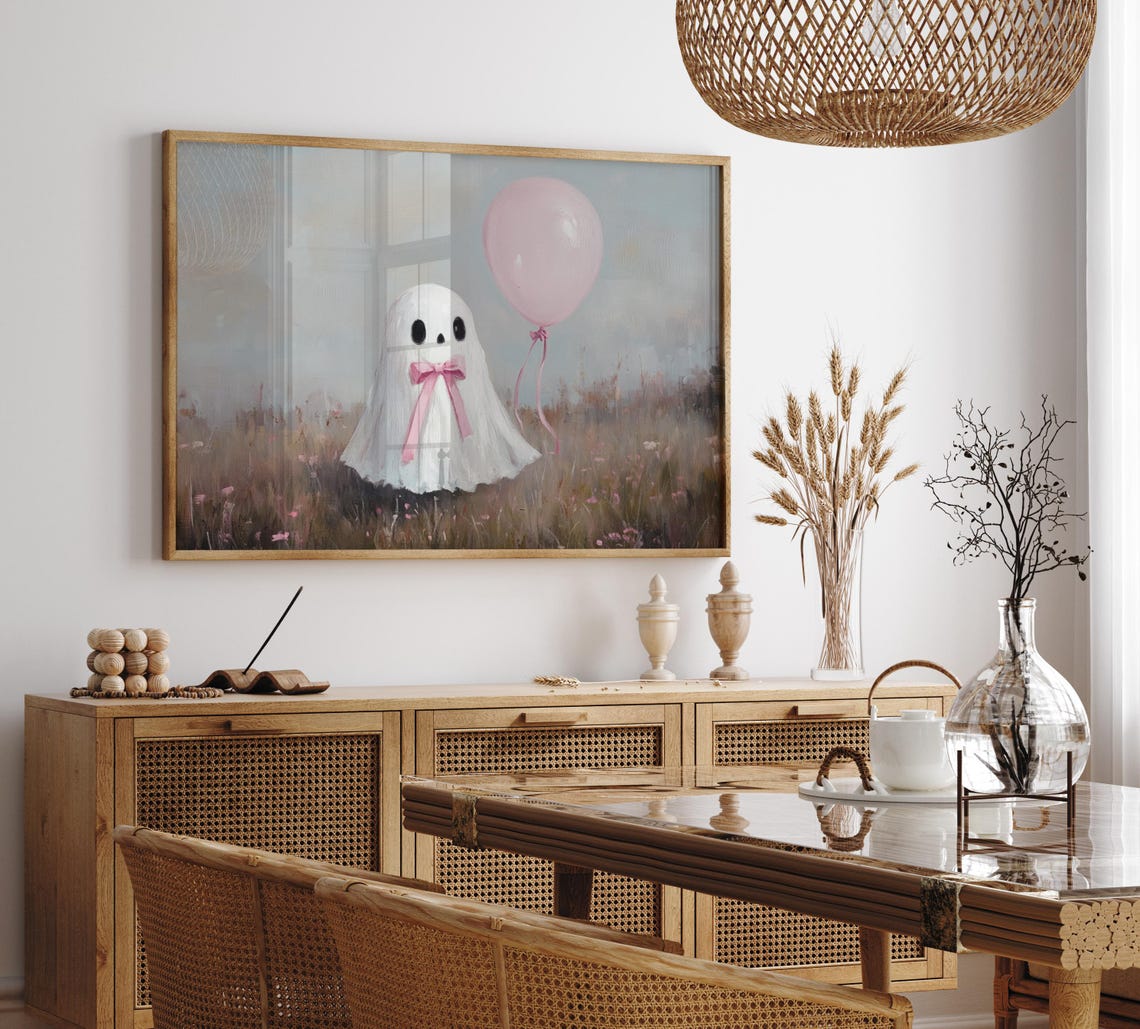 Cute Ghost With A Pink Bow And Balloon In A Flower Meadow Poster - Image 4