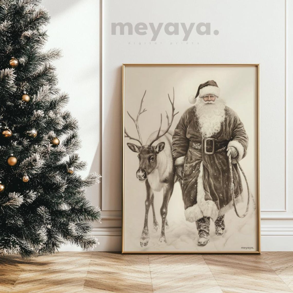 Sepia Santa Claus with Reindeer Walking Snow Rustic Vintage Art Poster - Image 5