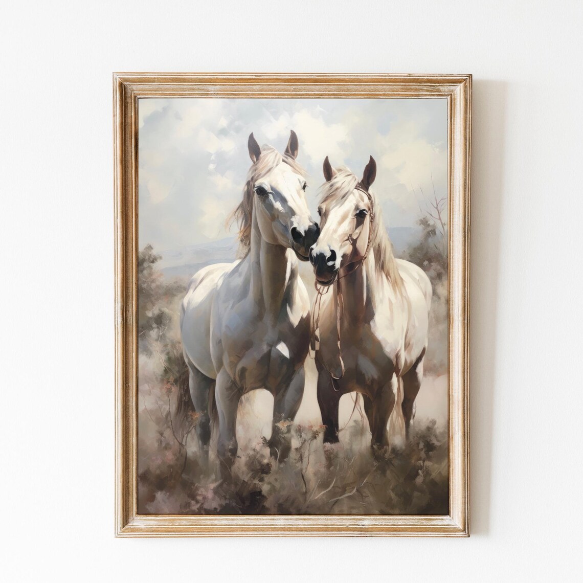 Pair Of White Horses Nuzzling In A Meadow Vintage Equestrian Poster
