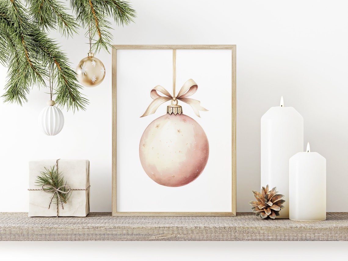 Blush Pink Christmas Ornament Ribbon Watercolor Holiday Poster - Image 2