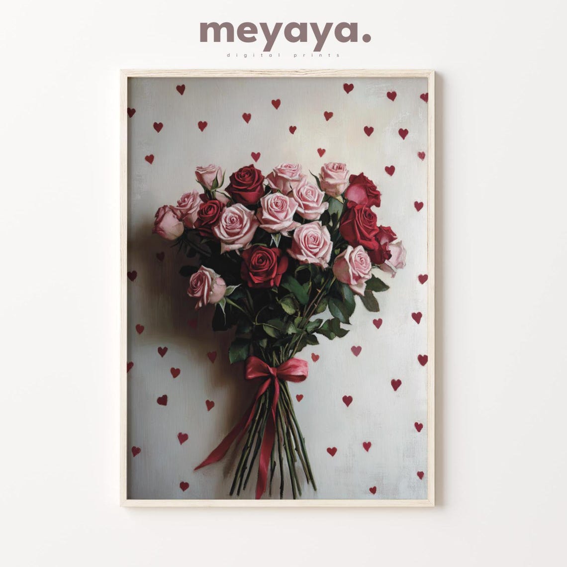 Red Pink Roses Bouquet Romantic Valentines Day Heart Wall Print - Image 3