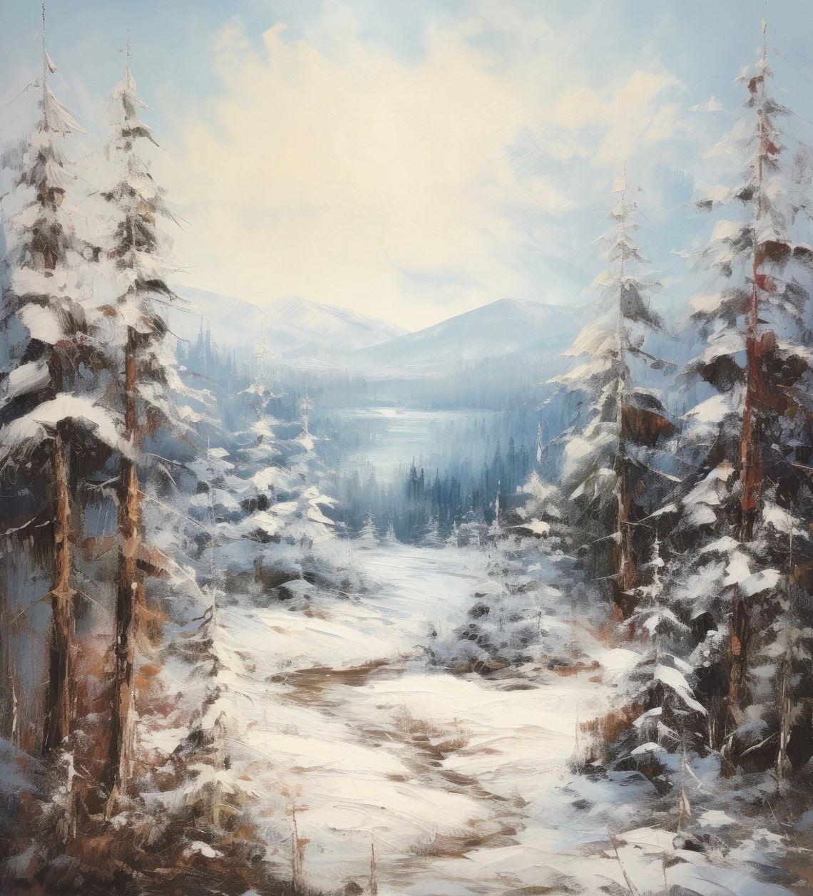 Snowy Pine Forest Winter Mountain Lake Vintage Landscape Poster - Image 6