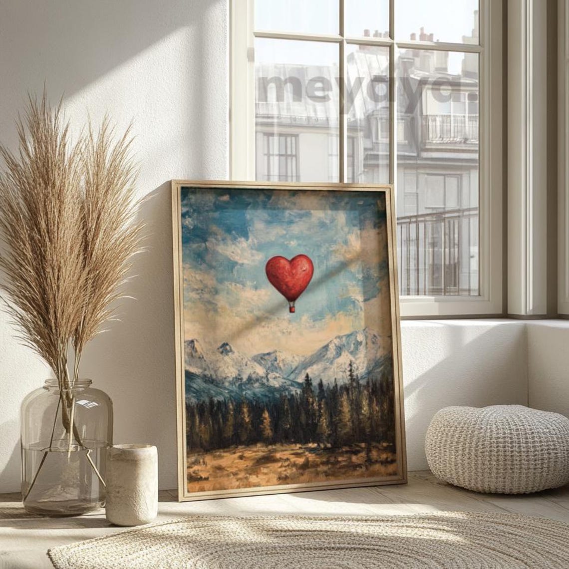 Red Heart Hot Air Balloon Over Moody Mountain Peaks Wall Print - Image 5