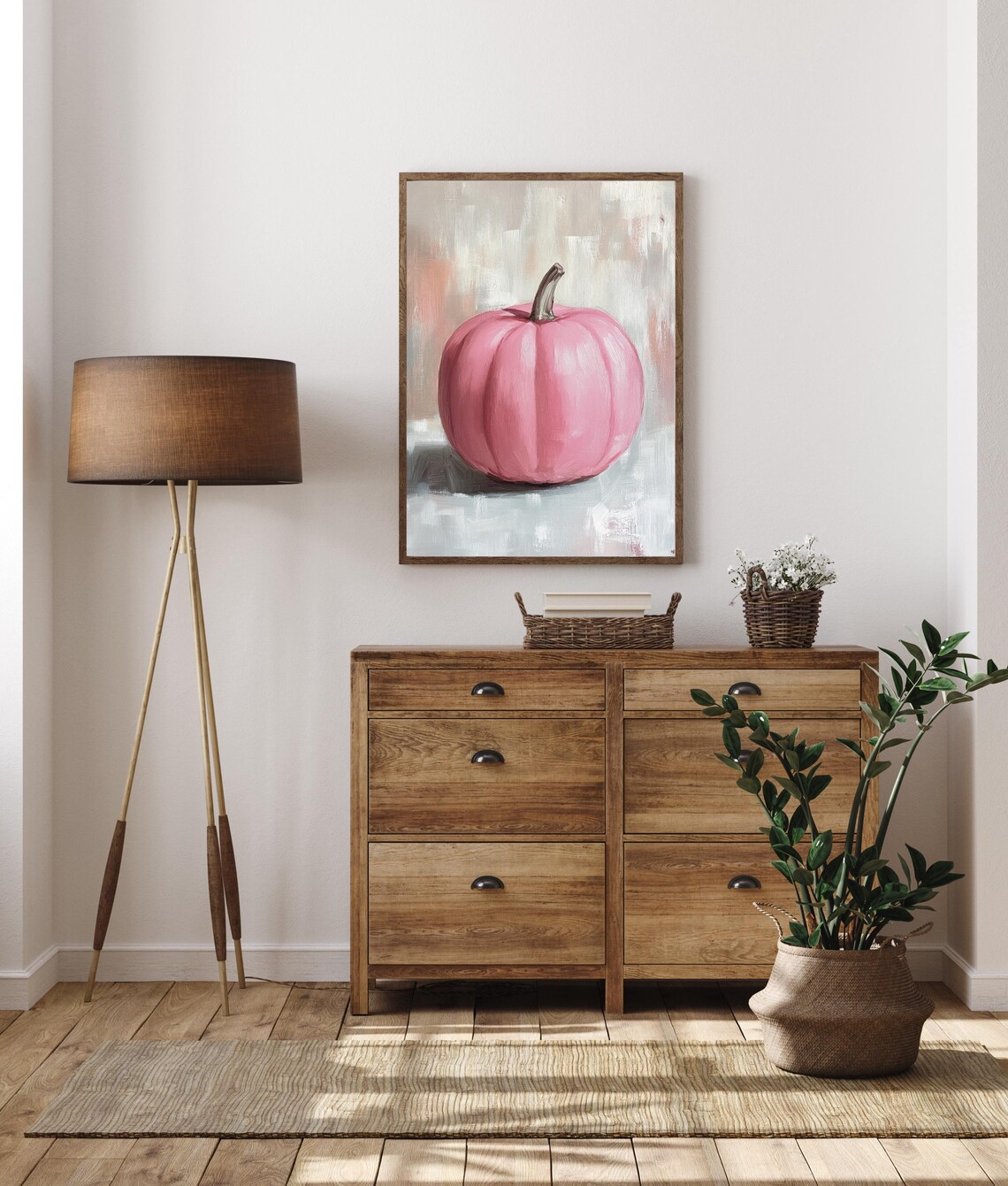 Pink Pumpkin Still Life Oil Painting On A Soft Gray Background Poster - Image 4