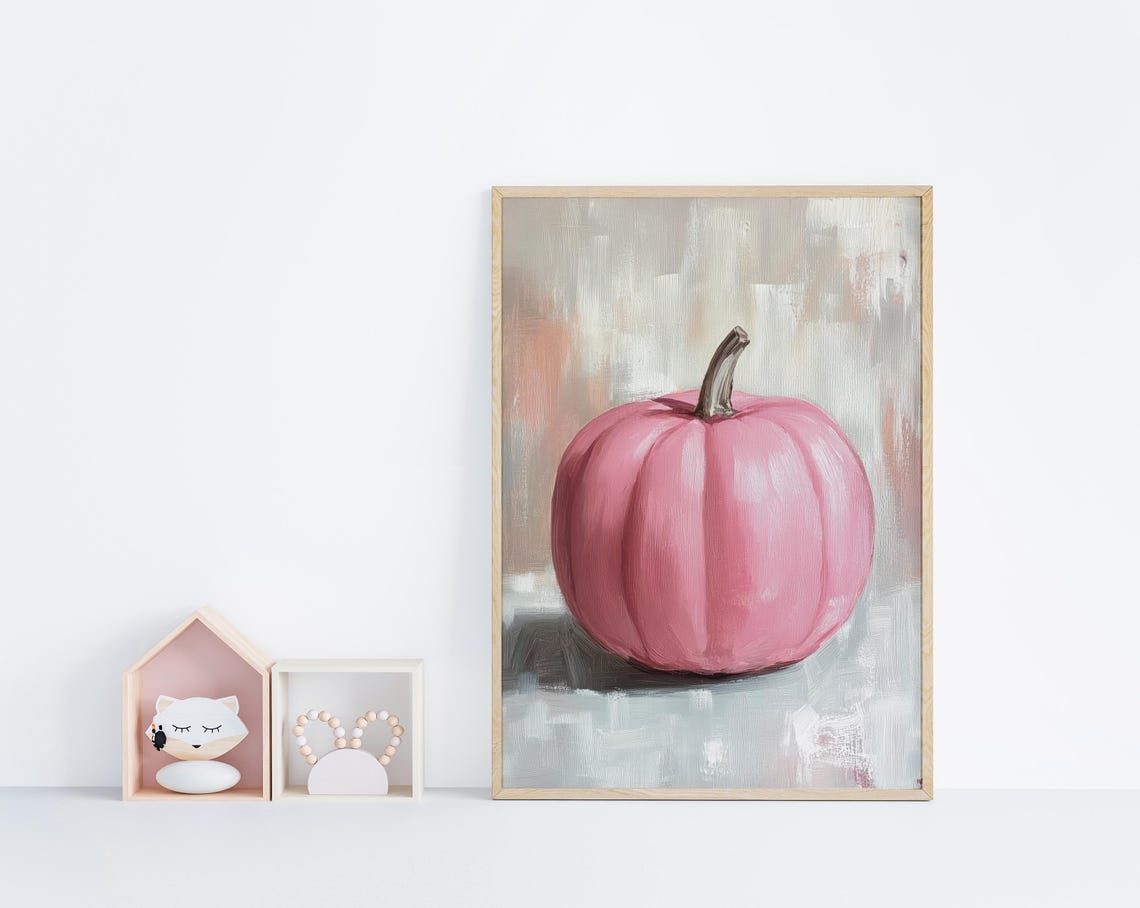 Pink Pumpkin Still Life Oil Painting On A Soft Gray Background Poster - Image 6