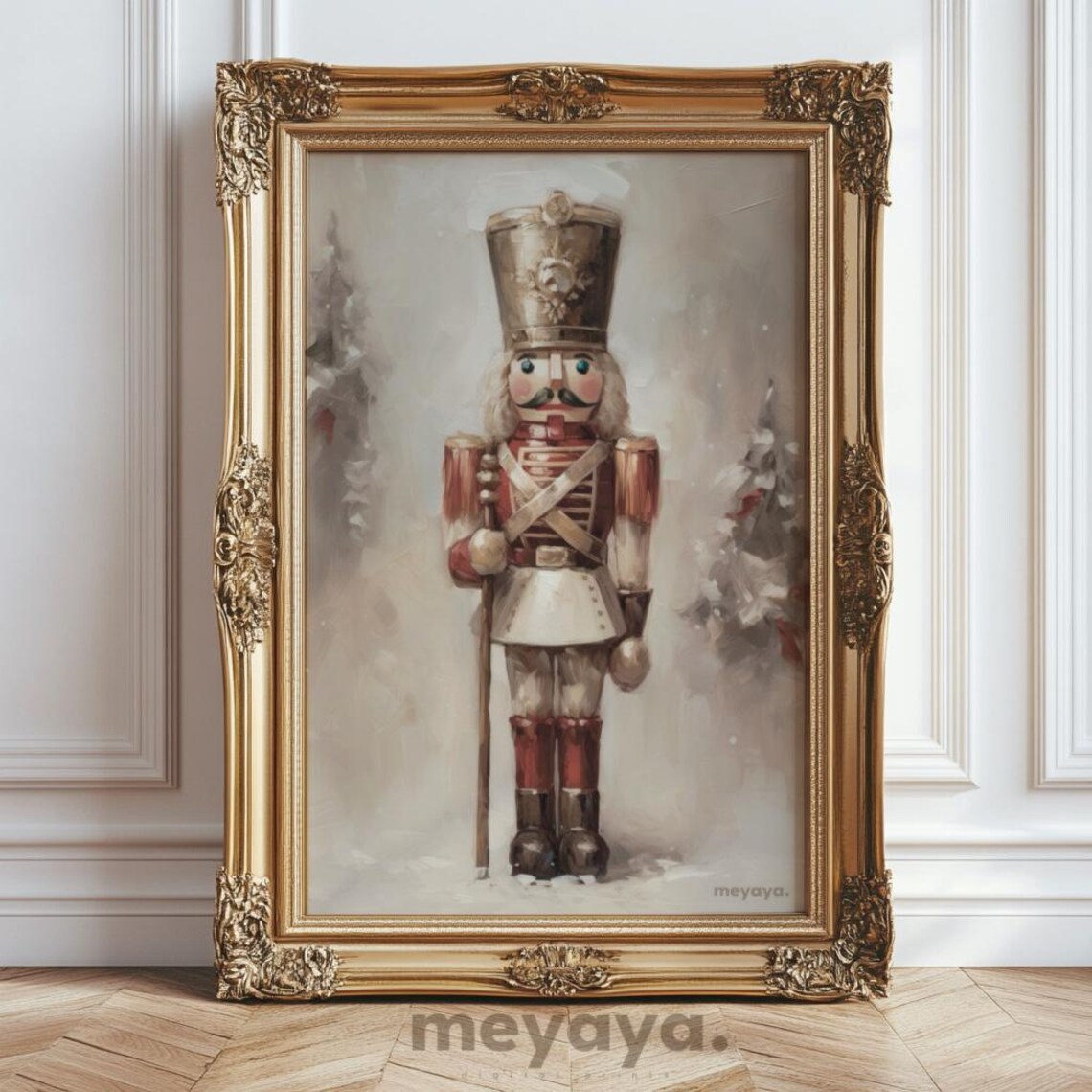 Nutcracker Oil Painting Gold Hat Staff Snowy Christmas Vintage Poster - Image 5