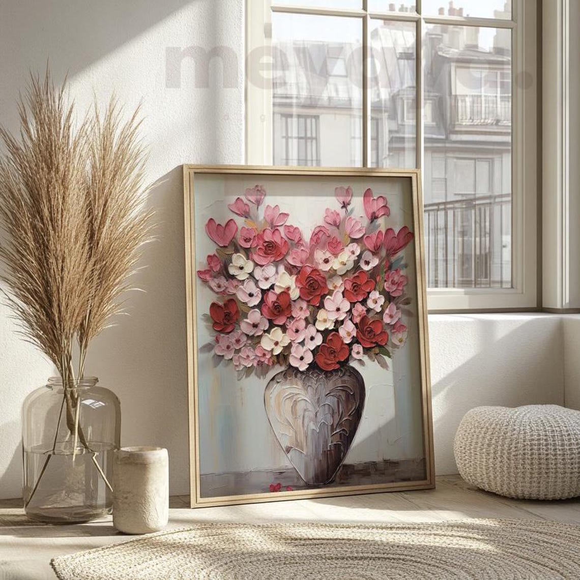 Pink Roses Impasto Vase Bouquet Textured Romantic Floral Wall Print - Image 5