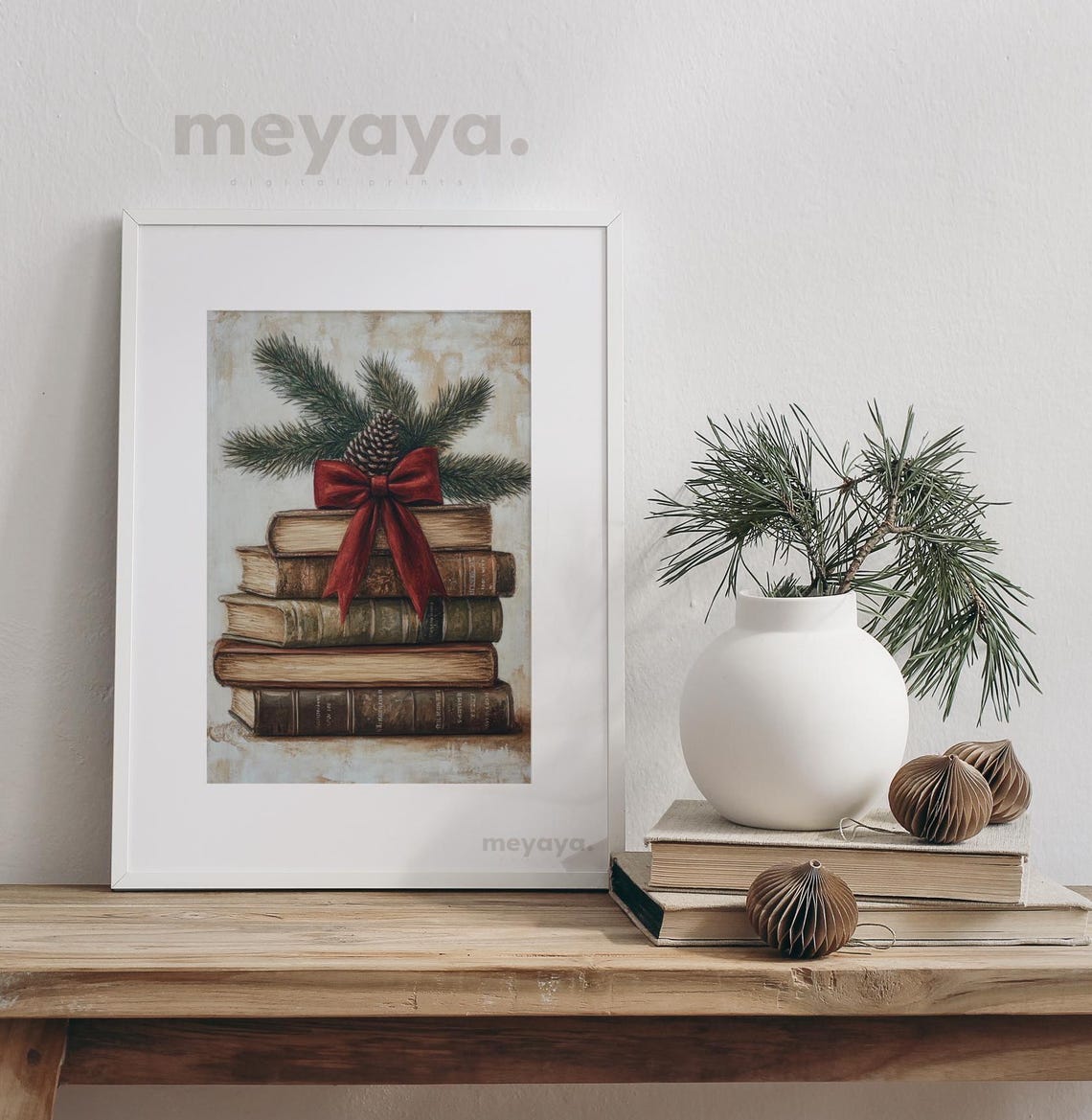Vintage Books Stack Red Bow Pinecone Rustic Christmas Academia Poster - Image 4