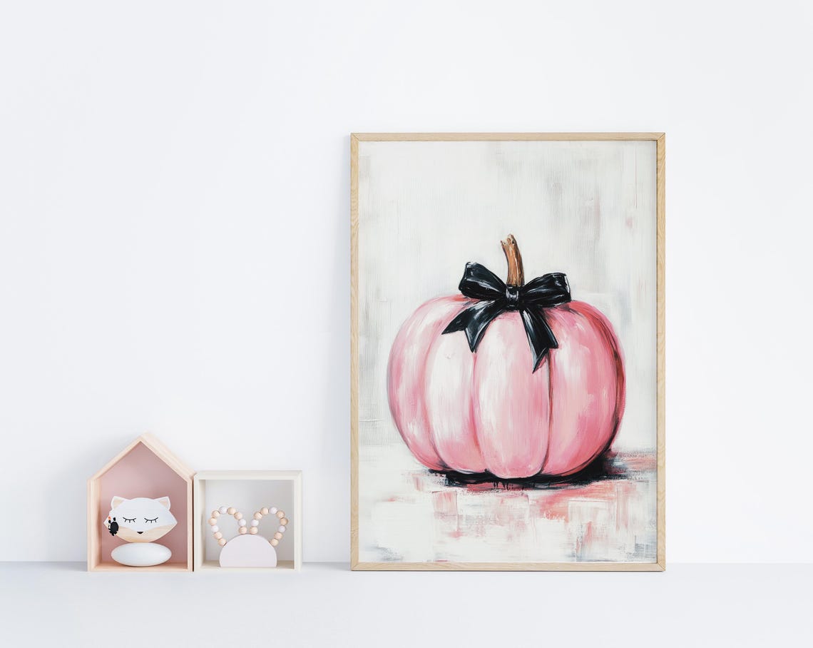 Pink Pumpkin With A Black Bow Minimalist Fall Painting Poster - Image 6