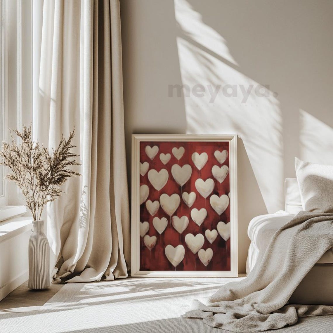 White Hearts Red Background Vintage Romantic Love Pattern Wall Print - Image 2