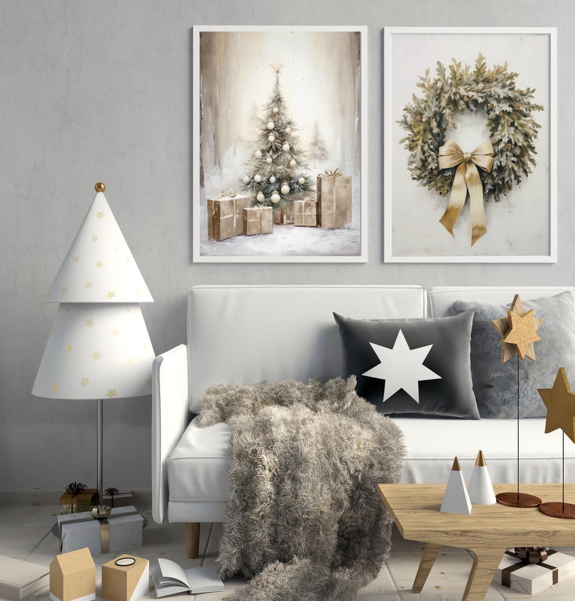 Winter Christmas Wreath Greenery Gold Bow Minimalist Farmhouse Poster - Image 3