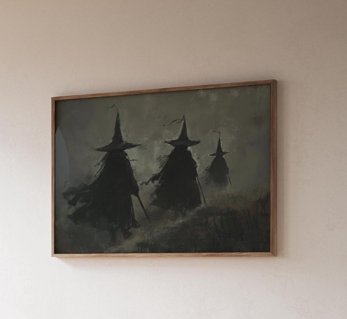 Three Witches Walking Through Foggy Moor Moody Dark Academia Poster - Image 2