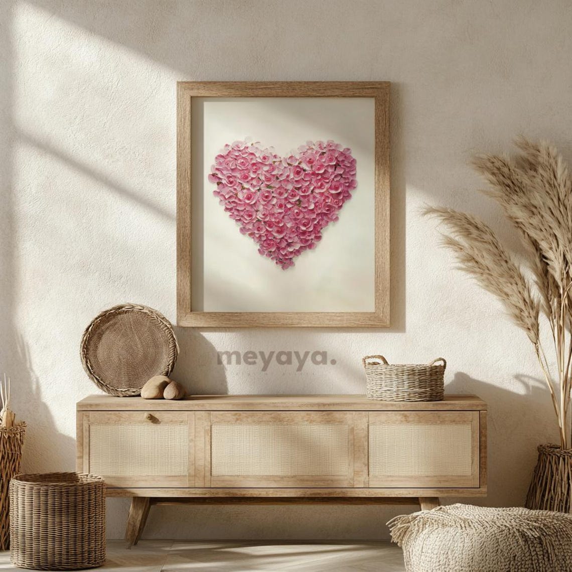 Pink Rose Heart Shape Flower Arrangement Romantic Wall Print - Image 5