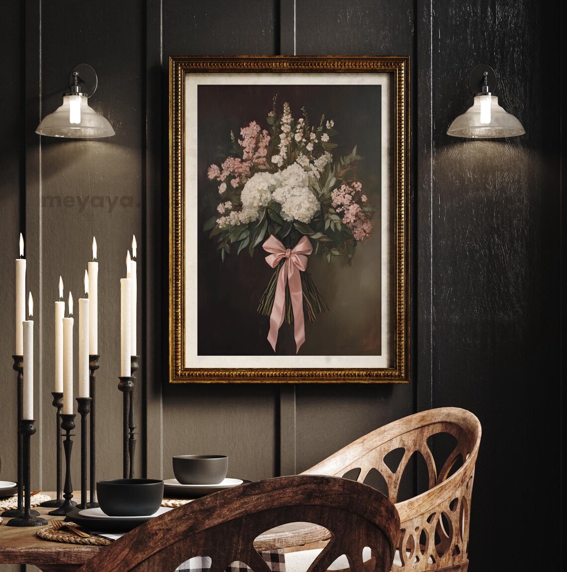 Pink Bow Flower Bouquet Dark Academia Vintage Romantic Wall Print - Image 5