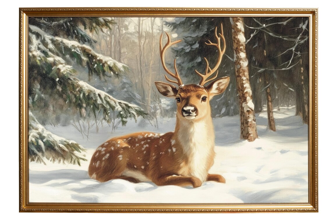 Young Stag Resting In Snowy Winter Forest Wildlife Christmas Poster - Image 6