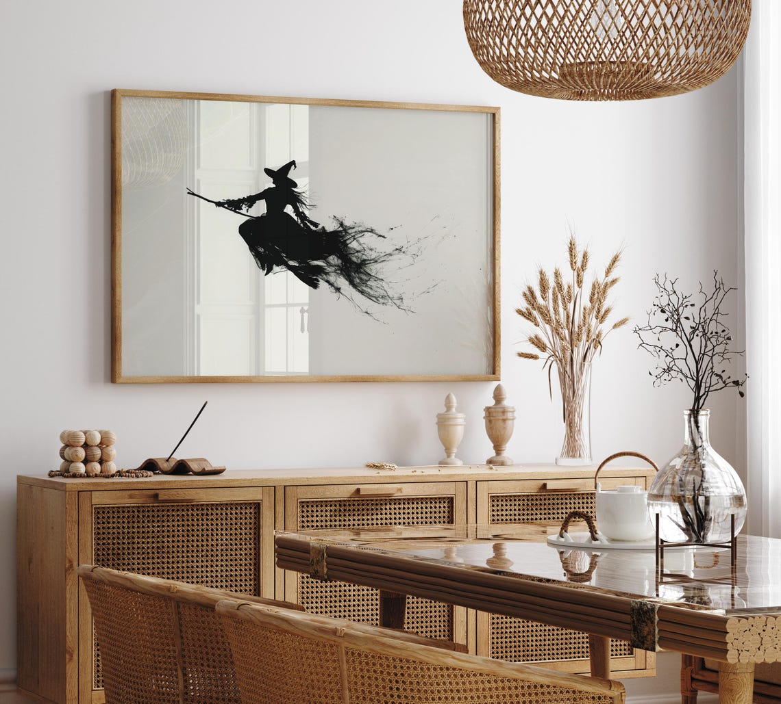 Witch Flying On A Broomstick Black Ink Silhouette Halloween Poster - Image 3