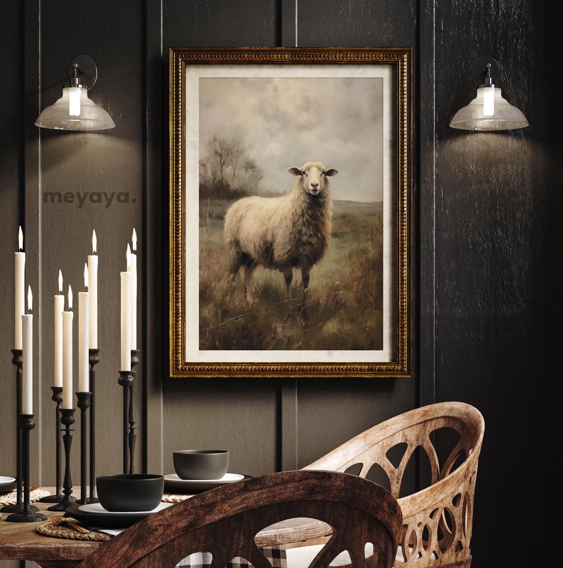Vintage Sheep Oil Painting, Farmhouse Landscape Art - Image 3