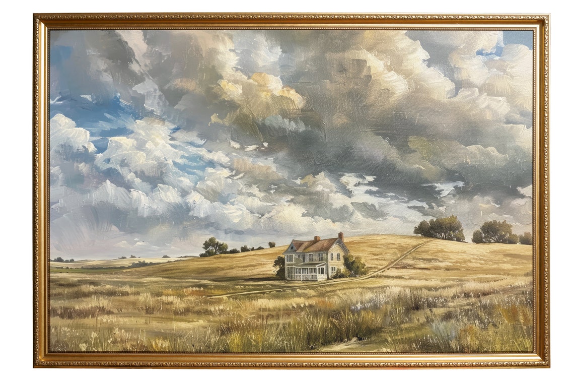 French Country Landscape Painting Landscape Art Vintage Farmhouse Art Decor Spring Countryside Print Cloudy Sky Oil Painting - Image 5