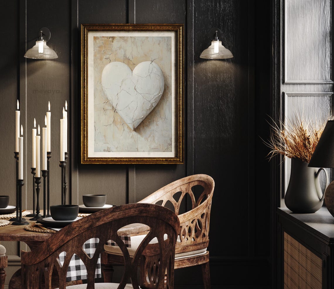 White Cracked Plaster Heart Neutral Vintage Romantic Wall Print - Image 4