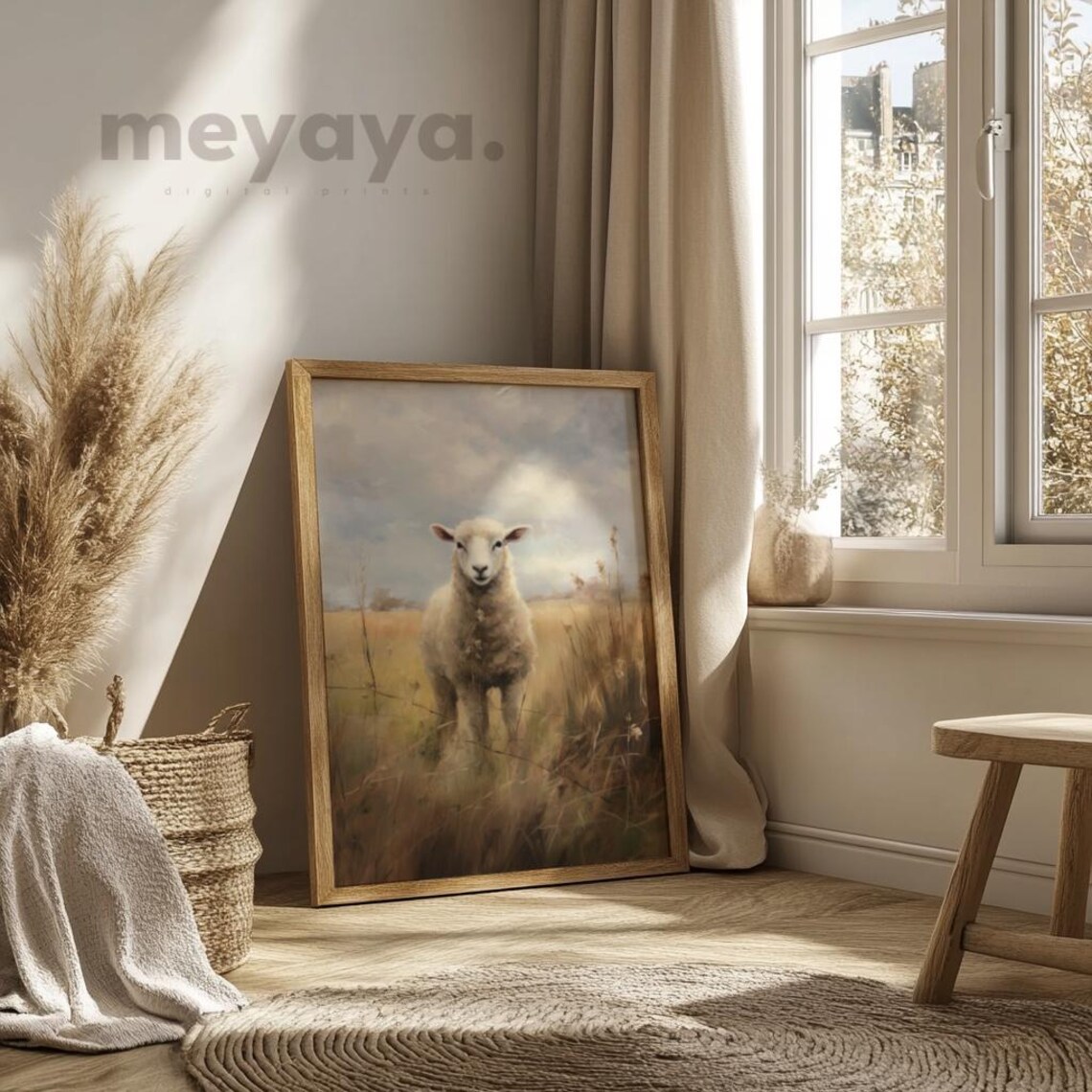 White Sheep Lamb Moody Field Vintage Oil Painting Wall Print - Image 4