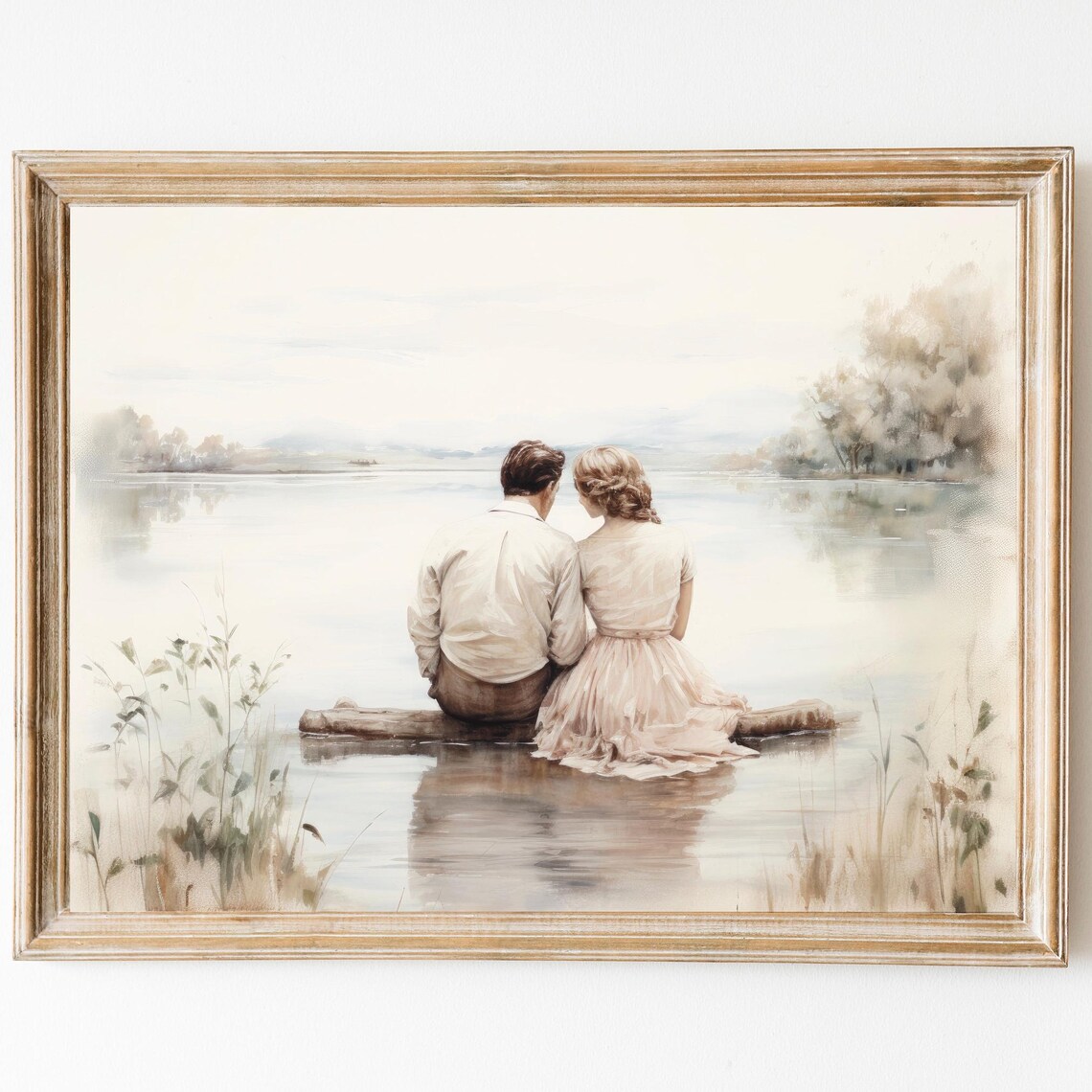 Romantic Couple Sitting At The Lake, Vintage Art Print