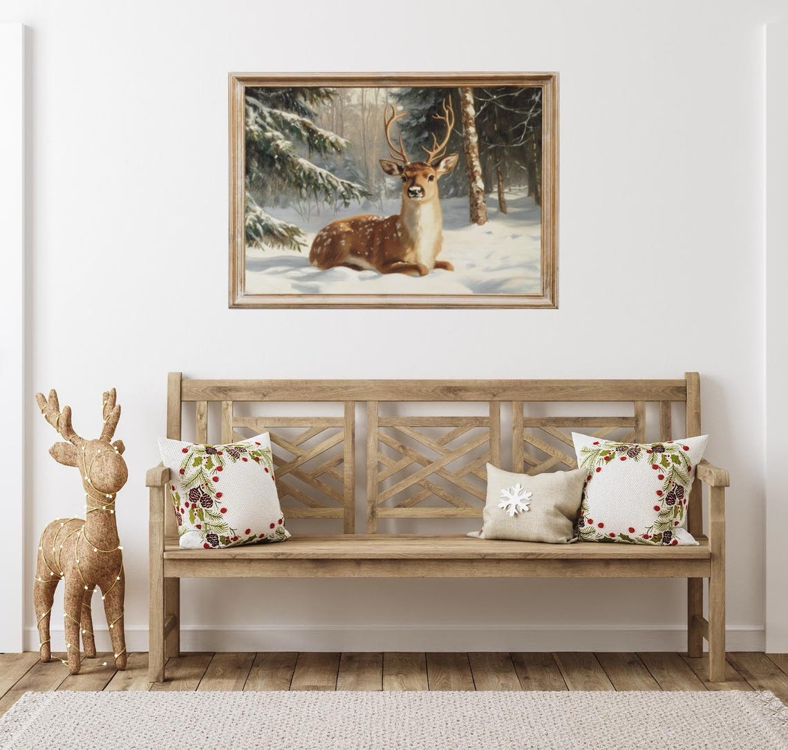 Young Stag Resting In Snowy Winter Forest Wildlife Christmas Poster - Image 2