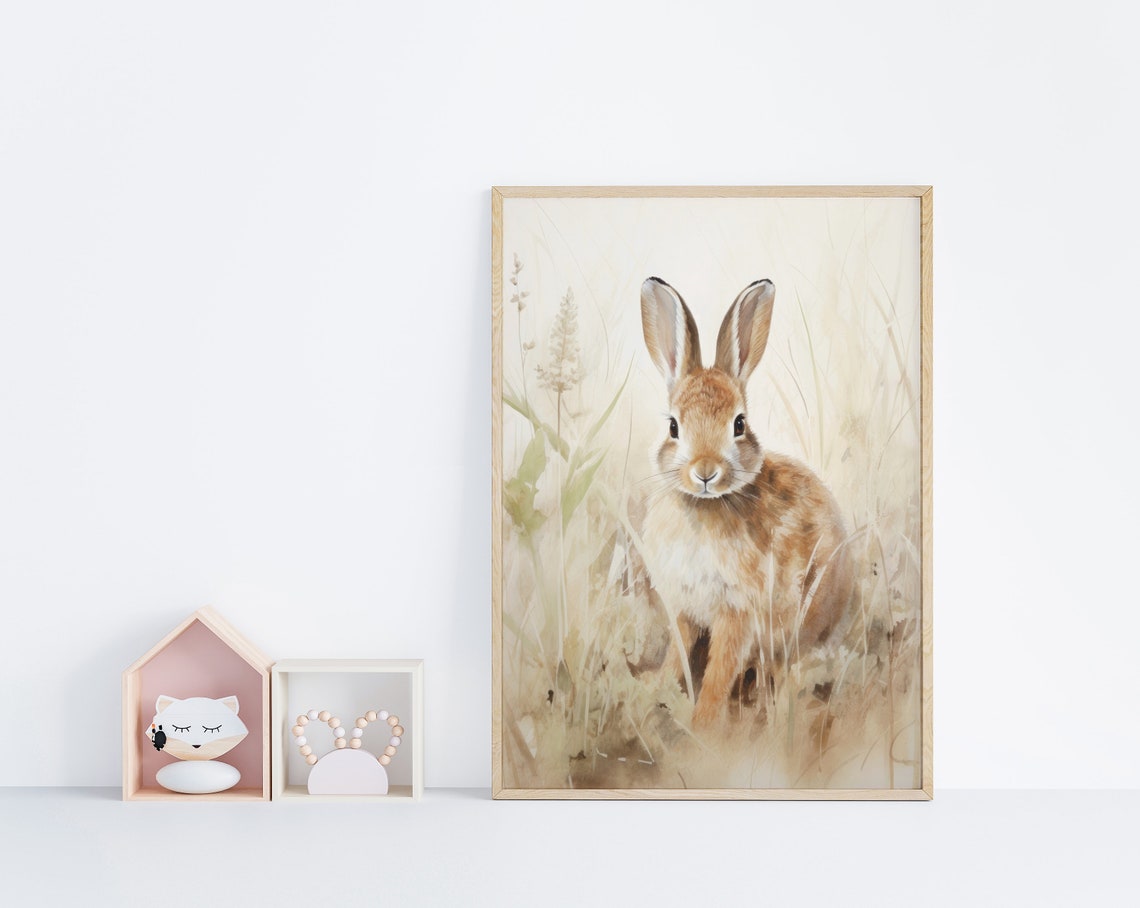Brown Bunny In Tall Grass Soft Neutral Vintage Spring Poster - Image 3