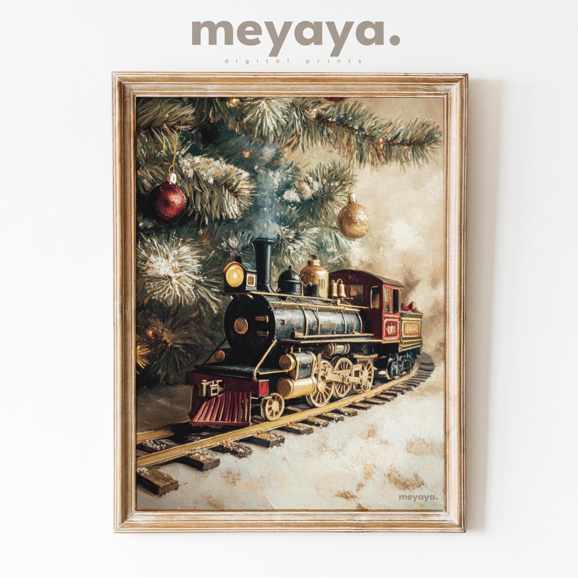 Vintage Steam Train Christmas Tree Snowy Holiday Season Art Poster