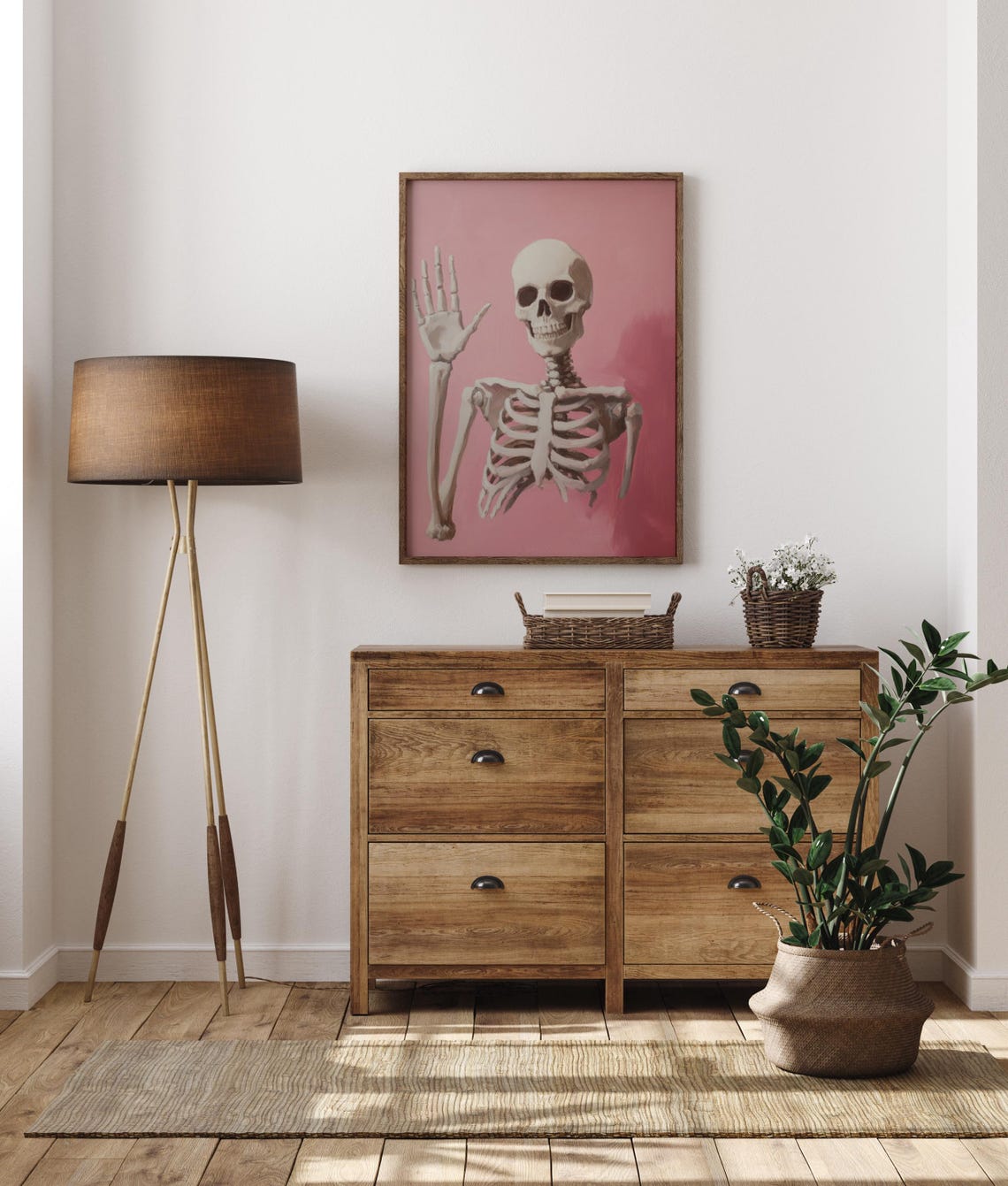Playful Skeleton Waving Hand On A Pink Background Halloween Poster - Image 5