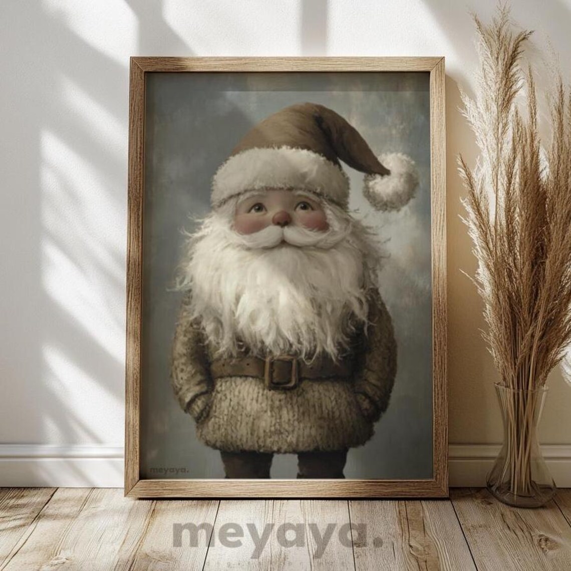 Beige Christmas Santa Print Cute Santa Painting Brown Holiday Decor Neutral Christmas Winter Wall Art Farmhouse Christmas Decor Xmas - Image 3