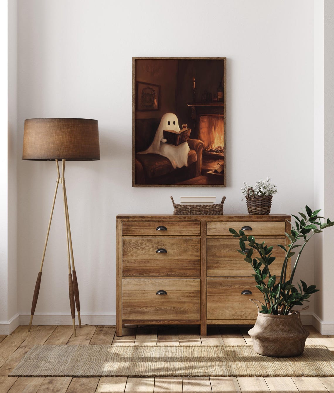 Cozy Ghost Reading by the Fireplace Fall Painting Art Wall Poster - Image 2
