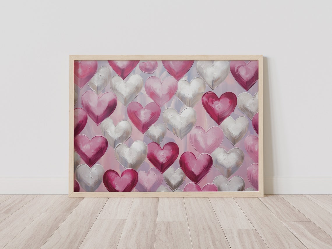 Metallic Pink Silver Impasto Hearts Shimmering Valentine Poster - Image 3
