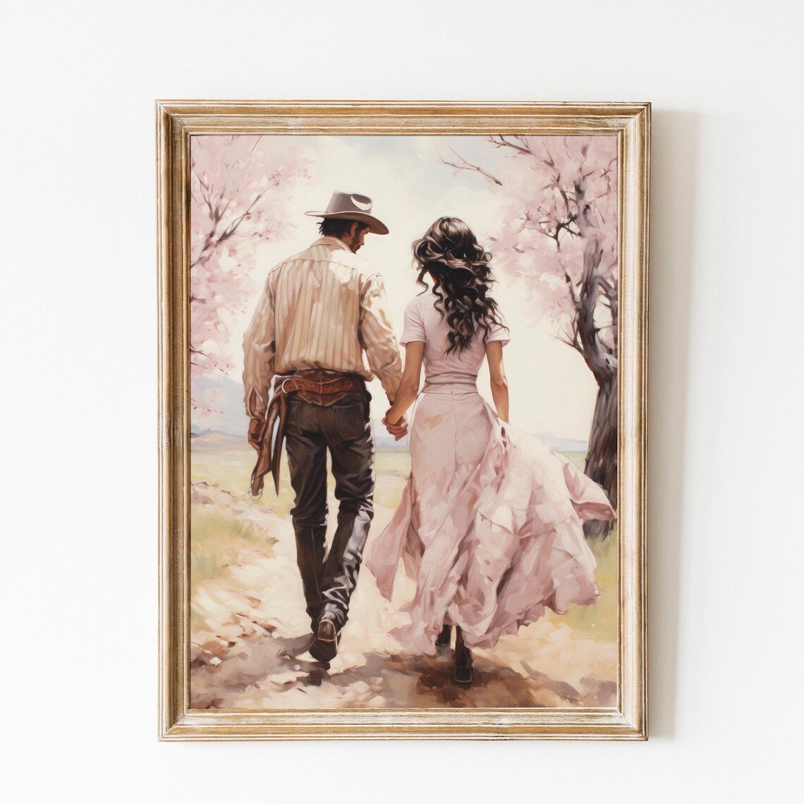 Cowboy Couple Walking Cherry Blossoms Romantic Western Poster