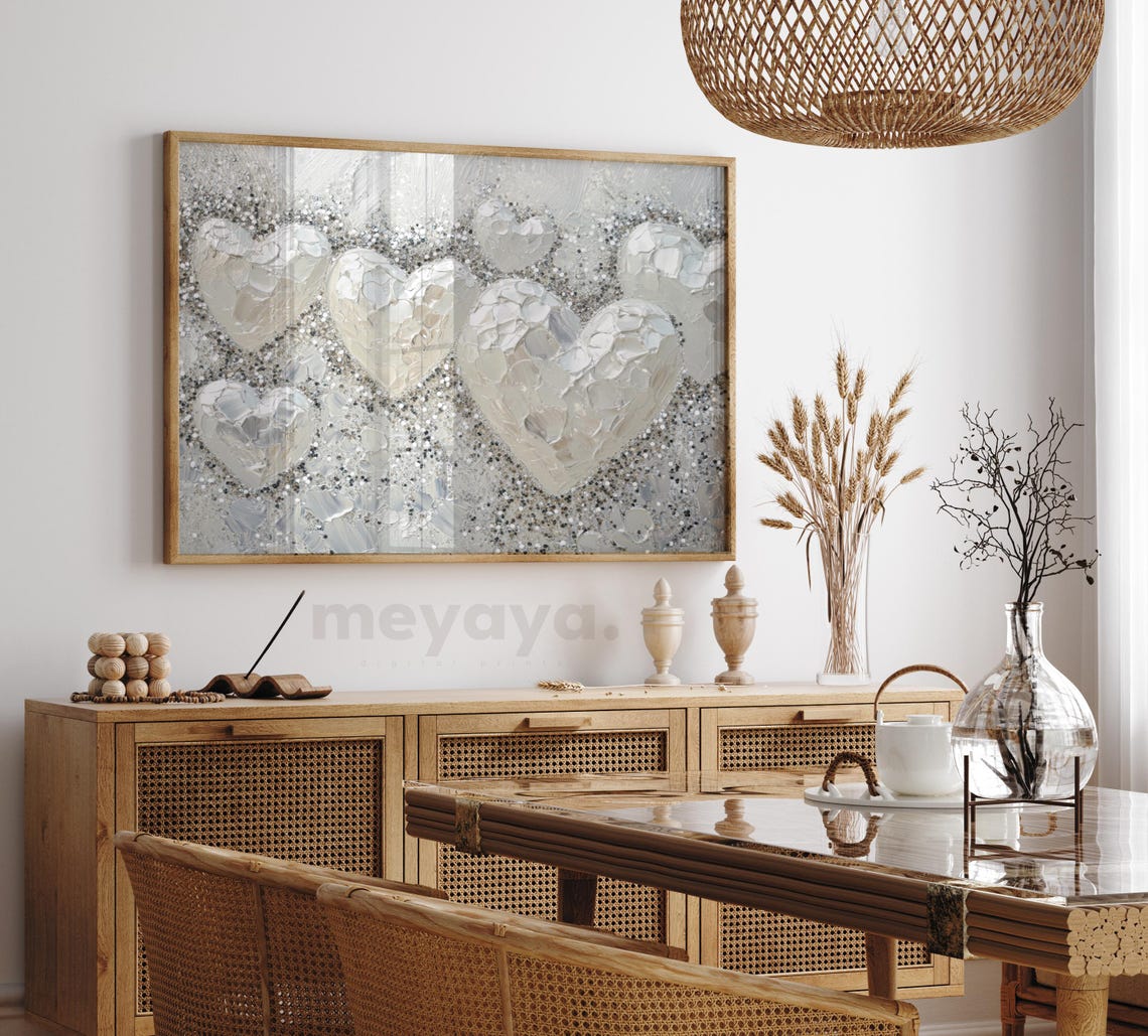 Silver White Hearts Glitter Textured Romantic Valentines Print - Image 4