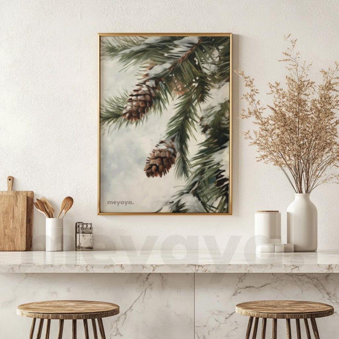 Snowy Pine Branches Pinecones Vintage Botanical Winter Painting Poster - Image 4