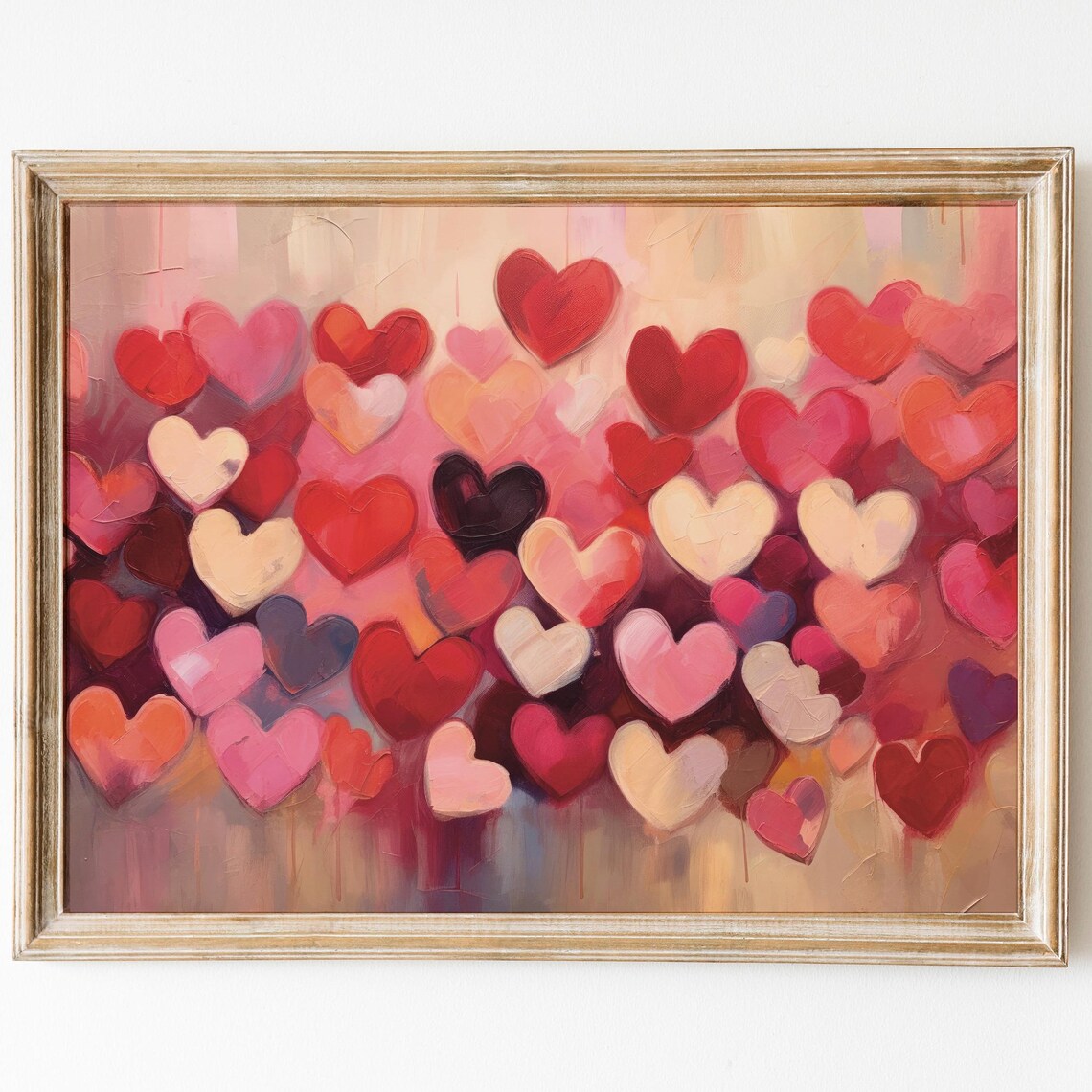 Vibrant Red Pink Coral Impasto Hearts Colorful Valentine Poster