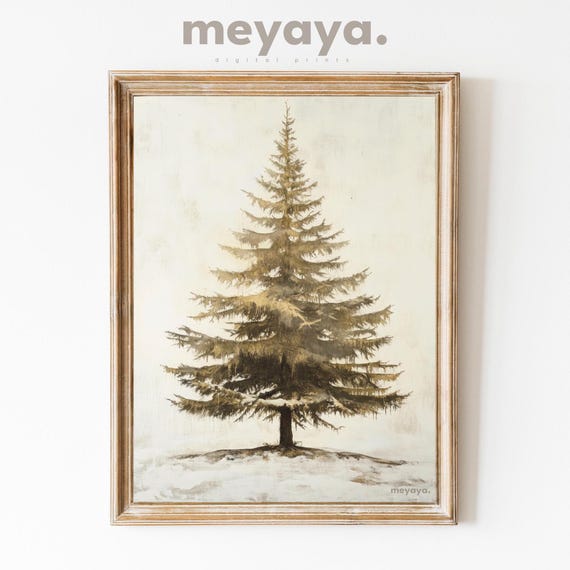 Evergreen Pine Tree Print Minimalist Decor Neutral Art Vintage Rustic Holiday Decor Moody Antique Painting Christmas Tree Art