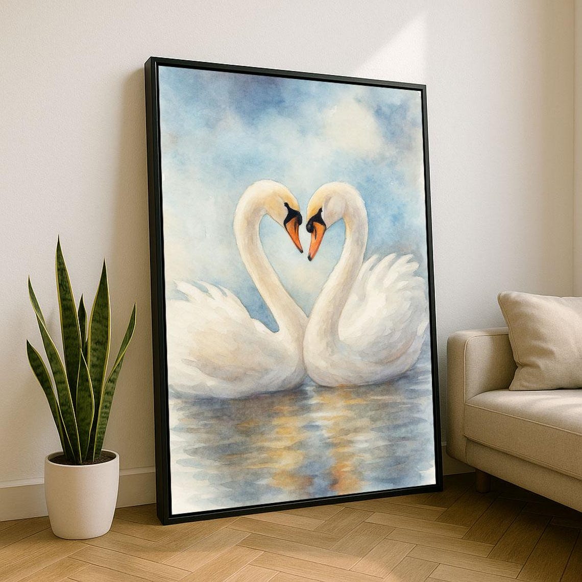 Two White Swans Heart Shape Watercolor Romantic Lakeside Poster