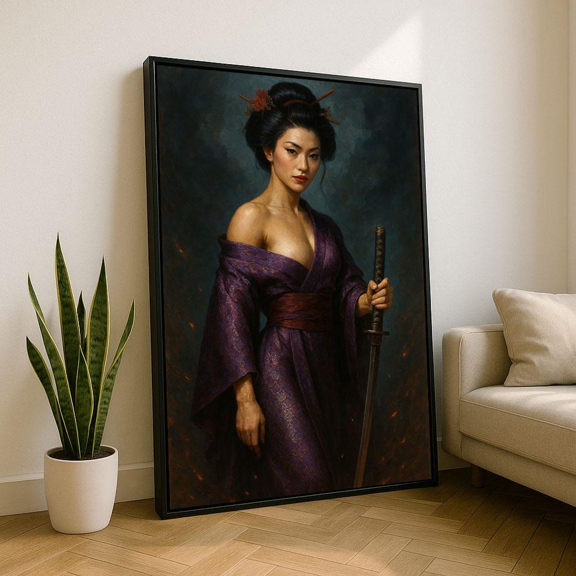 Elegant Geisha Portrait Sword Purple Kimono Dark Smoky Tones Poster