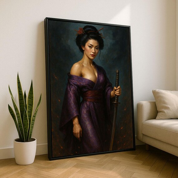 Elegant Geisha Portrait Sword Purple Kimono Dark Smoky Tones Poster