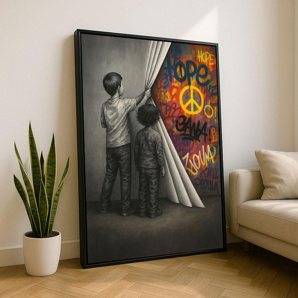 Hope Peace Children Pulling Curtain Reveal Graffiti Street Art Poster
