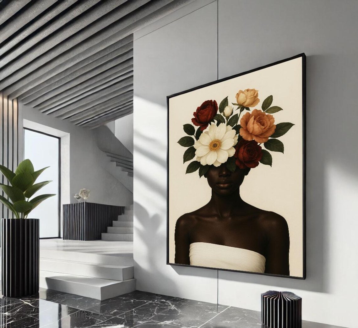 Elegant African Woman Floral Portrait With Roses And Daisy Poster