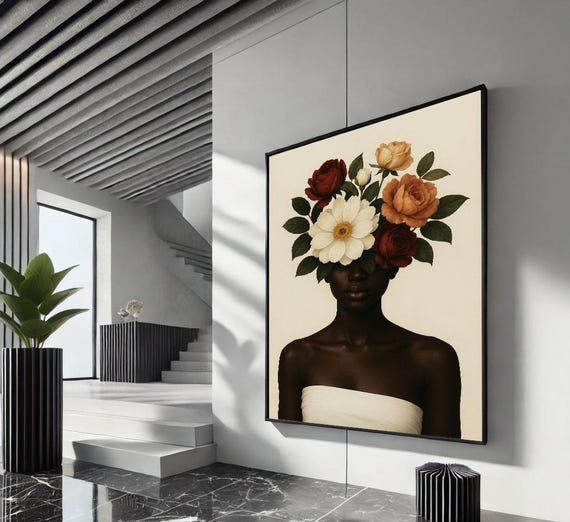 Elegant African Woman Floral Portrait Canvas Wall Art Print Modern Living Room Decor Statement Piece