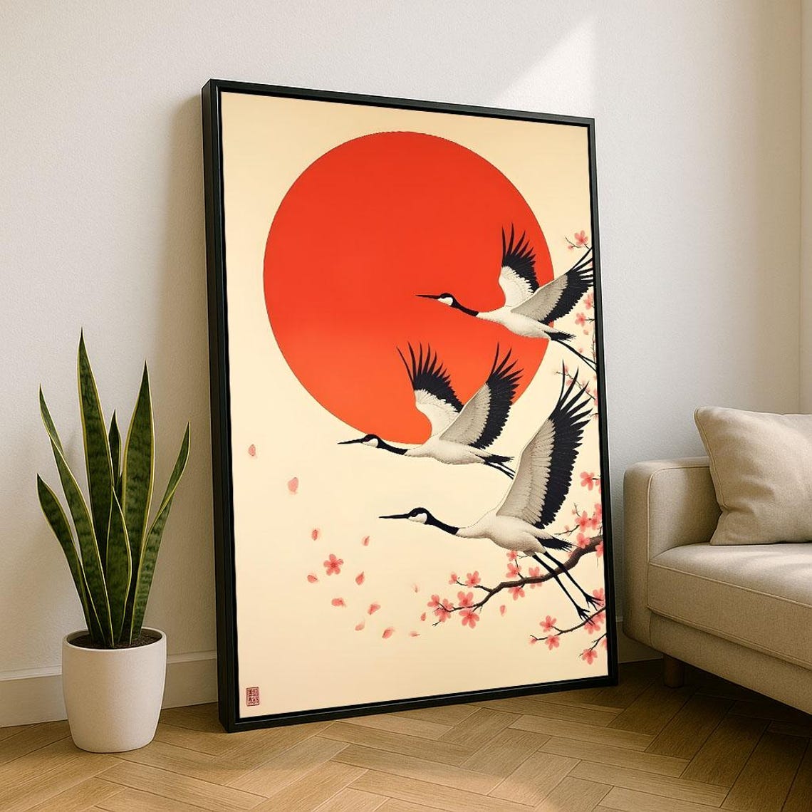 Three Japanese Cranes Red Sun Cherry Blossom Flight Art Poster