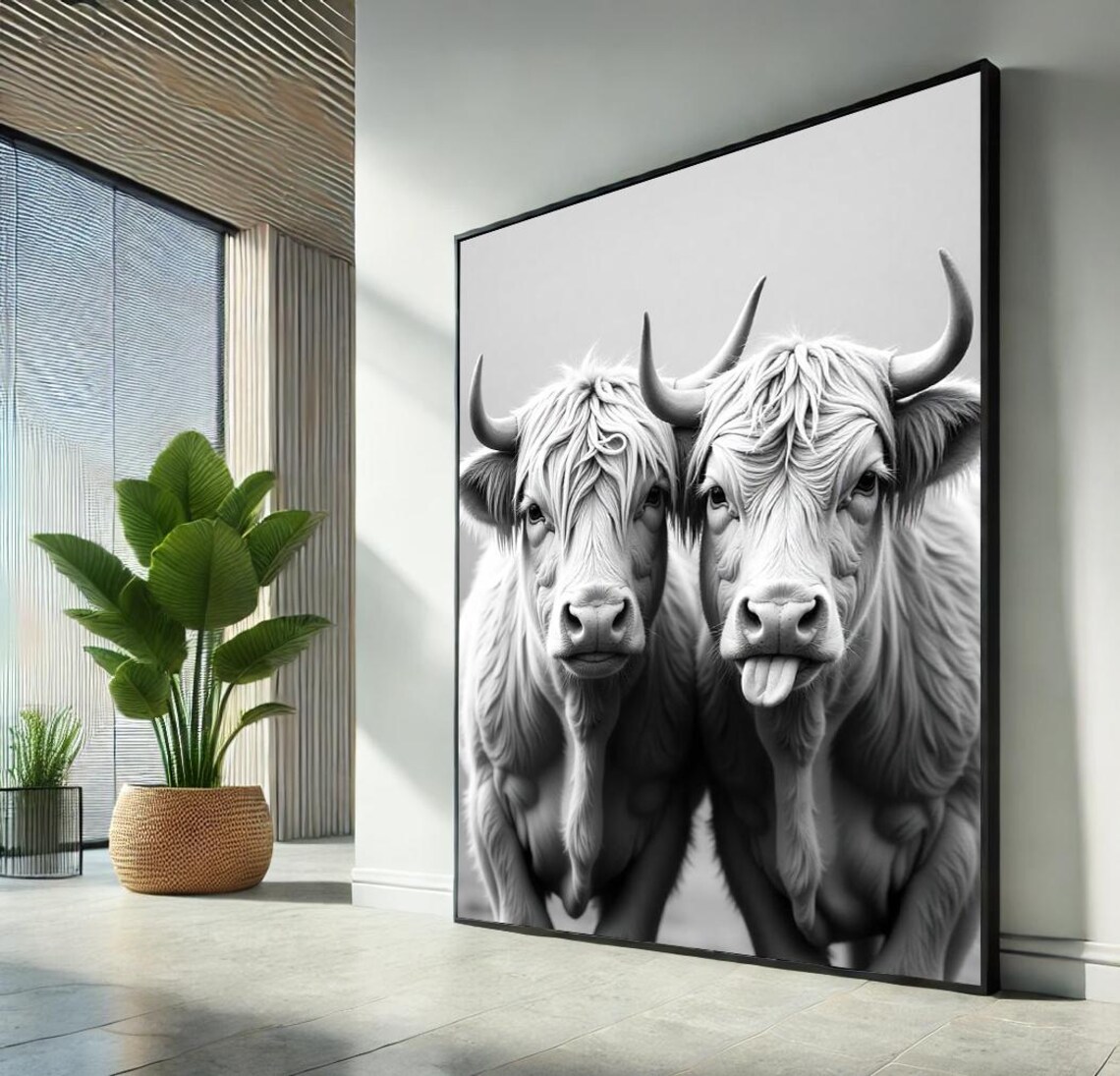 Two Highland Cows Black And White Funny Farm Animal Playful Poster